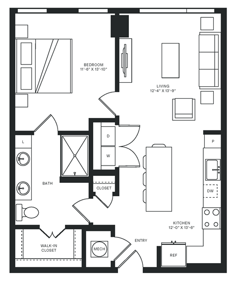 Floor plan for 1 bed, 1 bath, 775 sqft